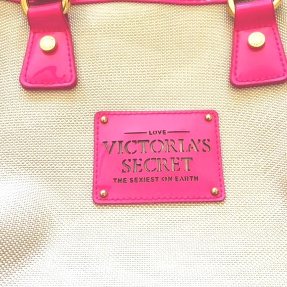 NWOT Victoria’s Secret Vintage Canvas & Hot Pink Patent Handbag Tote Bag - Picture 2 of 13